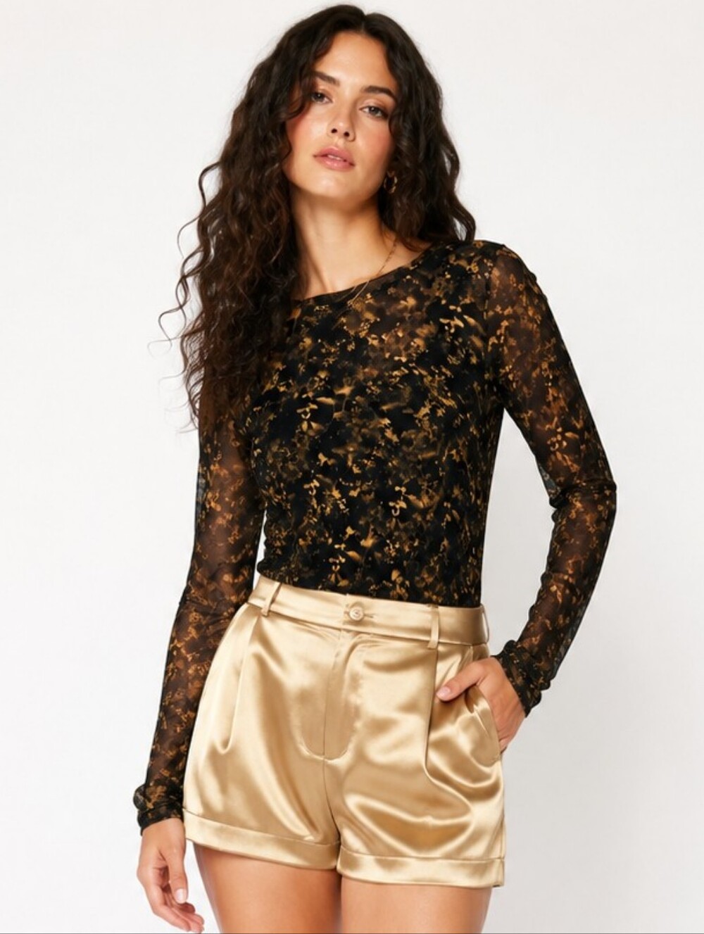 Calvin Klein BlacK Gold Mesh Layered Top M Abstract Print Ruched Sleeve Y2K